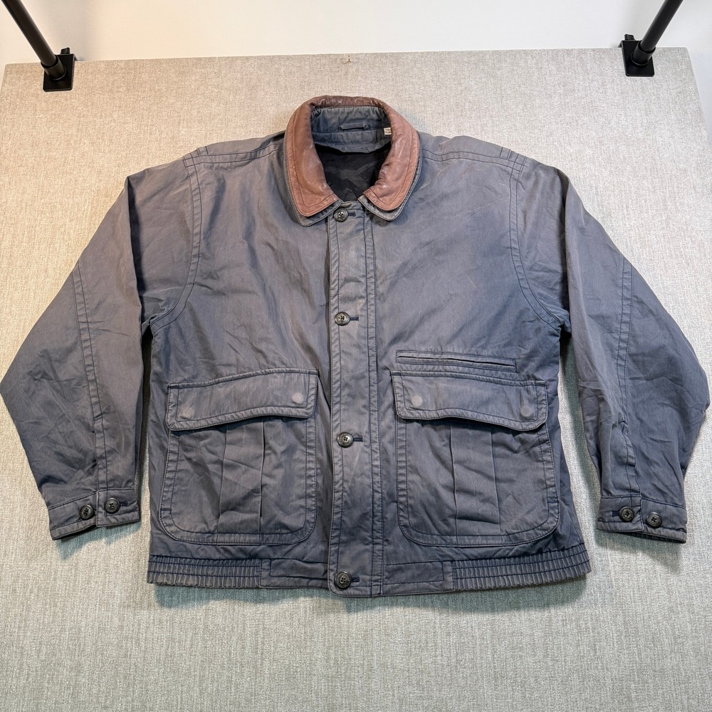 London Fog Vintage Field Jacket Navy Blue Leather Collar Mens Large Reg